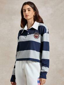 Briarwyn 女士休闲学院风撞色条纹上衣，秋季女装，返校季，复古风女式 POLO T 恤 - 灰色 - 查看 5