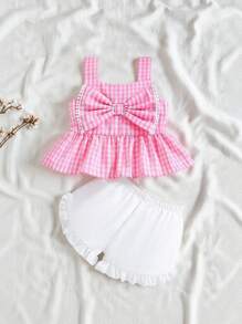 SHEIN Vintaside Kids Baby Girl Plaid Printed Top With Bow Decoration And Shorts - Multicolor - View 4