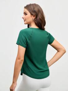 SHEIN Cheerettes 网眼拼布圆领休闲短袖运动T恤 - 墨綠色 - 查看 3