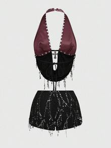 ROMWE Grunge Punk Y2K Baddie Music Festival Outfit Metal Cross Pendant PU Patchwork Fishnet Beaded Halter Backless Women Set - Burgundy - View 2