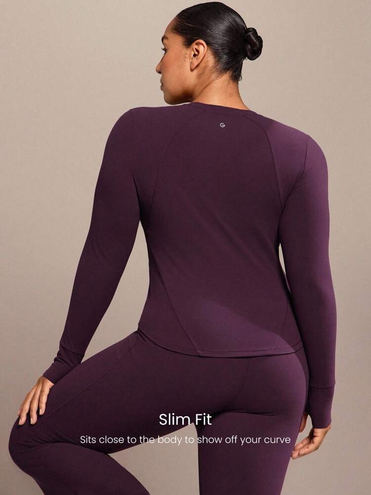 FeatherFit™ In The Zone Soft Stretchy Sweat-Wicking Quick-Dry Slim Fit Thumbholes Curved Hem Long-Sleeve Top Low-Impact Yoga Pilates Studio Gym Daily Active Wear