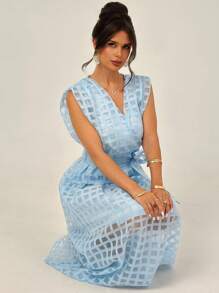 Firerie 新款优雅长腰系带格子提花度假风中长连衣裙，无袖二合一简约通勤修身百搭长裙