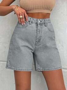 SHEIN Cottnline 100%Cotton LIGHT WASH HIGH WAIST SHORT - Light Grey - View 5