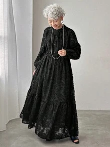 FRIFUL 女式黑色纯色纹理面料收腰褶皱宽松休闲连衣裙，百搭，秋冬长袖连衣裙