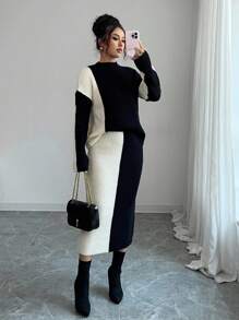 Elenzga Women's Aniusta Colorblock Vintage Crew Neck Sweater Top And Skirt Set, Elegant And Versatile For Holiday, Music Festival, Teacher, Autumn/Winter Fall Cloth For Women - Black and White - View 2