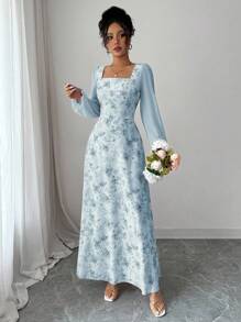 Modelyn Women's Printed Square Neck Long Sleeve Elegant Summer Dress Fall Cloth For Women