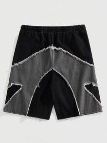 ROMWE MEN Grunge Punk 男士夏季休闲撞色拼布磨边牛仔短裤 - 黑色 - 查看 2