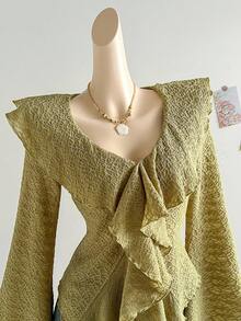 Soleia Áo cánh dài tay viền bèo nhún thời trang dành cho nữ Áo bèo nhún Áo cánh dài tay bèo nhún dành cho nữ - Màu xanh Ô liu - Xem 5