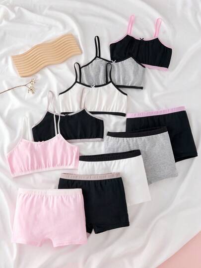 10pcs/Set Girls Seamless Simple Bra Top & Panty Set, Versatile Camisole Underwear, Assorted Colors Including Black, White, Gray, Sports Bra & Briefs With Elastic Band,Back To School Tween Girl Underwear Set Fall Winter