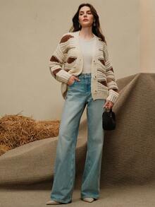 Anewsta Áo len cardigan màu tương phản, phù hợp cho mùa thu/đông và kỳ nghỉ - Màu be - Xem 4