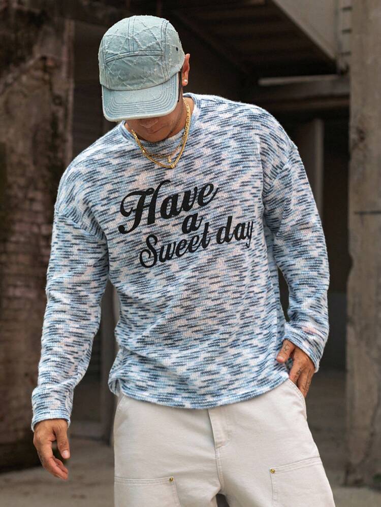 Men's Letter Print Multicolor Striped Sweater, Autumn