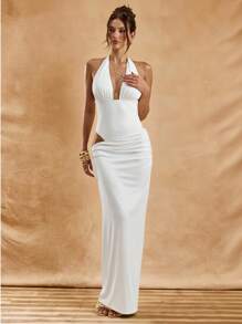 SHEIN BAE White Deep V-Neck Slim Romper & Elegant Long Dress Two Pieces Outfit, Suitable For Wedding Guest, Spring/Summer