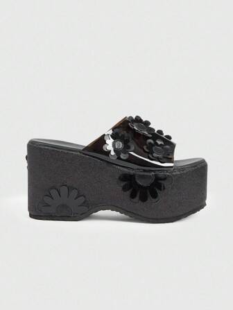 Kawaii Sandali da donna con decorazioni floreali in stile Y2K, sandali con plateau in stile punk rock, con cristalli luccicanti, per uso esterno, con zeppa