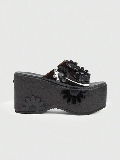 Kawaii Women Y2K Sweet Floral Embellished Dress Sandals Punk Rock Themed Platform Lolita Crystal Glitter Outdoor Slip-On Wedge Sandals