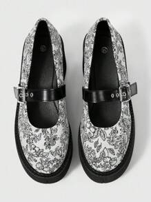ROMWE Grunge Punk Pantofi sport fără platformă pentru femei, stil gotic punk, cu vârf rotund, cu imprimeu floral aleatoriu din pânză, curea metalică reglabilă, pantofi comozi pentru activități casual, pentru exterior, Halloween - alb - Vizualizare 2