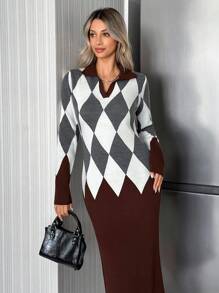 EURMUSE NAVY & WHITE ARGYLE PATTERNED LONG-SLEEVE SLIM FIT POLO COLLAR KNIT DRESS WOMEN'S WEAR,Petite - Brown - View 3