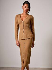 COSMINA 2pcs Women Solid Color Button Front Cardigan & Knit Skirt Set In Fall/Winter - Brown - View 4