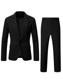 Manfinity Mode Men's Coffee Color V-Neck Casual Suit Set, Spring/Summer Men Black Suit Men Black And White Outfit Office Wear Men Man Suit Men Black Dress Pants - Black - View 3