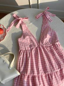 Comfortcana 女式格纹吊带V领泡泡袖迷你连衣裙 - 粉色 - 查看 5