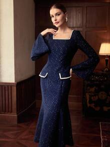 ZEYLAH Square Neck Ribbon Tweed Long Elegant Dress, Autumn/Winter - Navy Blue - View 5