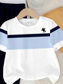 SHEIN Conjunto de camiseta de manga corta de cuello redondo y pantalones con estampado de rayas casual para bebés niños - Multicolor - Ver 4