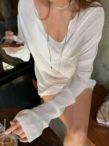 DAZY Casual V-Neck Personalized Design Undershirt Fall/Winter - White - View 3