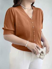 EMERY ROSE Plus Size Women's Solid Color V-Neck Puff Sleeve Short Sleeve Casual Knit Pullover Sweater Knit Pullover Fall Winter Autumn - Brown - View 4