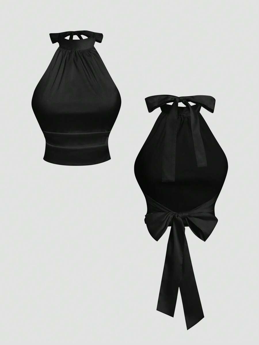 SHEIN MOD Women's Apricot Stand Collar Tie-Up Bow Blouse,Off The Shoulder Top - Black - View 1