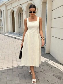 Siren Gaze Đầm midi cổ vuông xếp ly màu trơn đơn giản dành cho nữ - Màu be - Xem 6