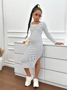 青少年女孩条纹长袖针织贴身中长连衣裙，休闲时尚百搭街头服饰 - 黑與白 - 查看 5