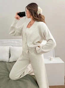 EURMUSE Woman V Neck Long Sleeves With Faux Pearl Buttons Cardigan And Pants Two Pieces Knitwear Set - Apricot - View 6