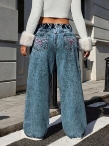 EURMUSE 大码女式蝴蝶刺绣口袋阔腿宽松休闲牛仔裤 - 水鴨藍 - 查看 2