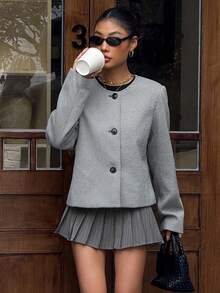 DAZY Women's Round Neck H-Shaped Short Jacket, Autumn/Winter Women Coats - Black and White - View 3