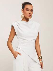 Silquee Blusa casual de mujer minimalista de unicolor con cintura ceñida y bajo asimétrico, blusa drapeada blanca, blusa elegante blanca - Blanco - Ver 7