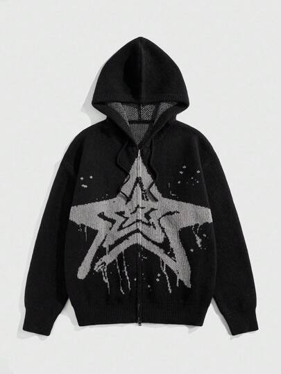Grunge Punk Cardigan con capucha de estilo casual con estampado de estrellas para hombre, otoño/invierno