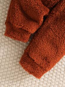 SHEIN 2 件套男婴加厚法兰绒泰迪熊刺绣连帽长袖卫衣和松紧腰裤套装，儿童服装，婴儿服装，婴儿装，婴儿上衣，男婴泰迪熊套装，适合秋冬季 - 棕色 - 查看 8