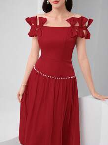 Modelyn Women's Solid Color Bow Decor Off Shoulder Elegant Dress - Red - View 3