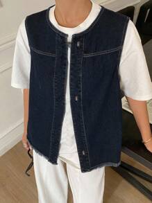 Dazy Kids Chaleco sin mangas de mezclilla para niño preadolescente, otoño - Azul lavado oscuro - Ver 1