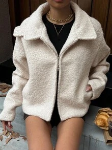 DAZY 女士休闲立领夹克，秋冬女式外套 - 杏色 - 查看 5