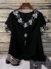 Linhara CURVE Áo sơ mi tay ngắn cổ chữ V phong cách phương Tây thường ngày cỡ lớn dành cho nữ - màu đen - Xem 1