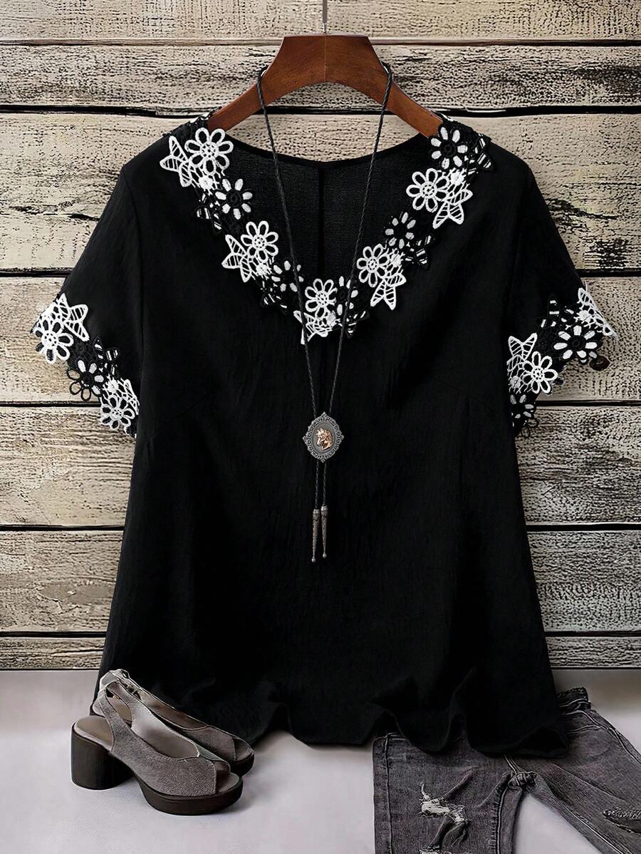 Linhara CURVE Áo sơ mi tay ngắn cổ chữ V phong cách phương Tây thường ngày cỡ lớn dành cho nữ - màu đen - Xem 1