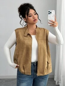 Elenzga Chaqueta sin mangas elegante de oficina/casual/vacaciones para mujer de talla grande, con cuello de cremallera metálica, botones dorados, hombros caídos, bajo plisado, forro, adecuada para primavera, otoño e invierno