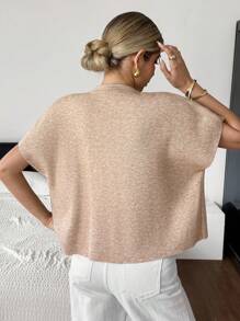 SHEIN Frenchy Women's Solid Color Round Neck Batwing Short Sleeve Single-Breasted Knitted Cardigan Winter Casual - Apricot - View 2