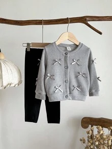 SHEIN Baby Girl Infant Toddler Newborn 0-3 Years Old Autumn/Winter Fashion Knitted Fuzzy Ribbed Bow Cardigan Jacket + Leggings Pants 2-Piece Outfit Set Fall