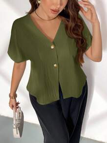 Firerie ملابس علوية أبيض بسيط ذو لون واحد مقاس كبير مع أكمام خفافيش مزدوجة الصدر مفتوح الأمام، ملابس علوية بأزرار وياقة على شكل حرف V للنساء مقاسات كبيرة