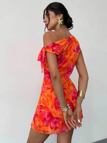 Firerie 女式新款露肩性感优雅节日迷你连衣裙，网眼碎花连衣裙，不对称领口连衣裙，春夏，沙滩装，优雅，性感，节日，海滩，夏威夷，约会，派对，音乐节，毕业礼服，舞会 - 橘色 - 查看 8