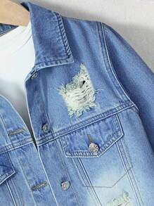 Tween Girl' Casual Butterfly Print Distressed Washed Denim Jacket Fall Winter - Light Wash - View 3