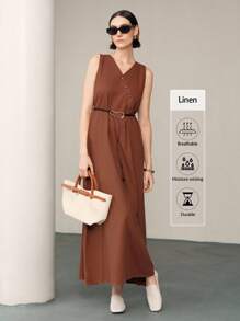 Uhlyne 优雅休闲斜襟抽绳腰女式连衣裙 - 咖啡 - 查看 3