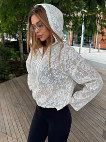 DAZY 女士半透明连帽蕾丝常规夹克女式外套 - 白色 - 查看 4