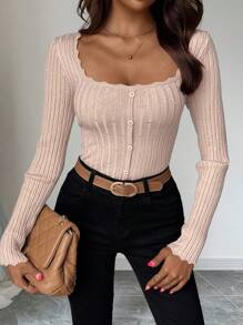 SHEIN PETITE Maglione a collo quadrato aderente con orlo ondulato, stile casual business, adatto per donna di taglia petite, autunno/inverno - Albicocca - Visualizzare 5